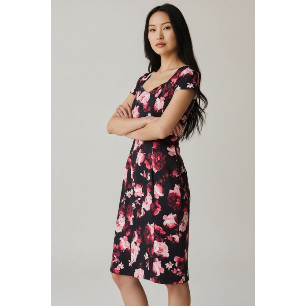 Eva Mendes Black Pink Floral Short Sleeve Sheath Dress Size 2 NWT